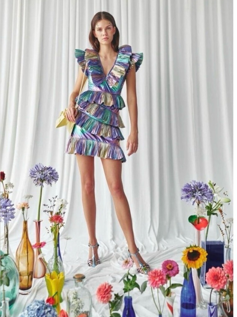 NWT Celia B Acke Metallic Ruffle Pleated Mini Dress Multi Womens Size Large